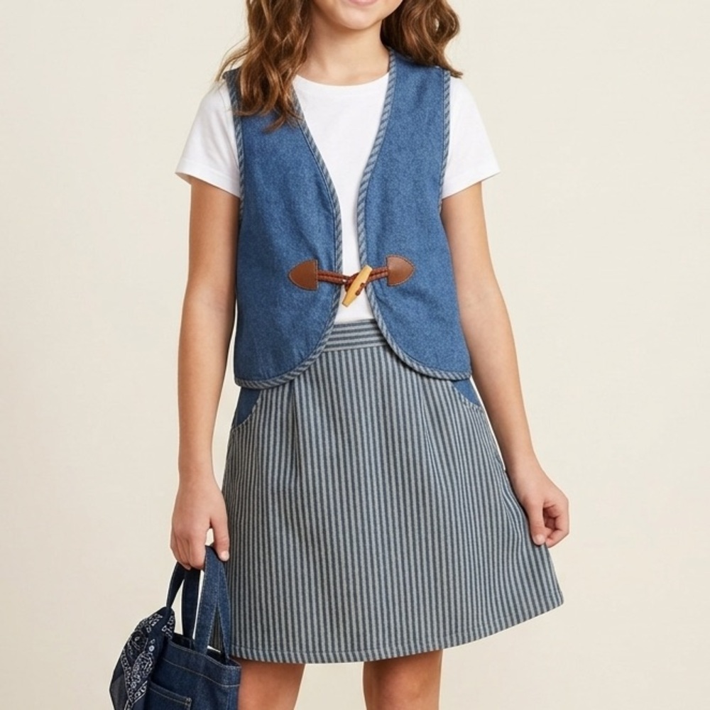 Vintage Denim Vest Skirt Stripe Girls Matching Set Sailor Toggle Preppy Sz 12.5